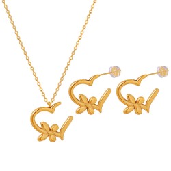 18K Gold Plated Stainless Steel Necklaces Earrings Heart Butterfly Flower Design Stud Pendant Women Fashion Jewelry Set