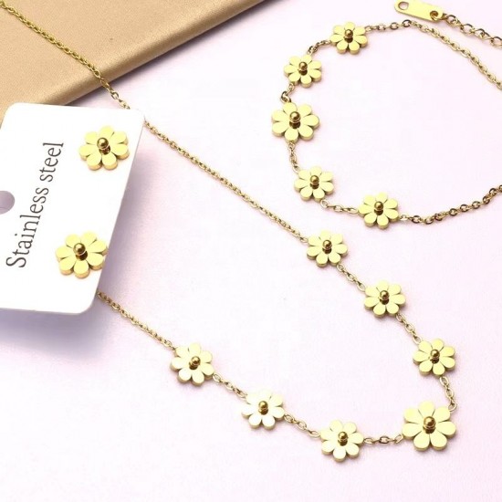 Women's fashion jewelry stainless steel necklace and earrings set Necklace, earrings, bracelet, 18K gold-plated small Daisy set Women's fashion jewelry stainless steel necklace and earrings set Necklace, earrings, bracelet, 18K gold-plated small Daisy set