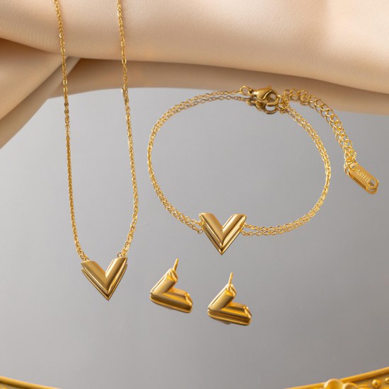 Fashion Jewelry Sets Stainless Steel Necklace For Women Jewelry V Letter Pendant Earrings Bracelet Necklace Set Fashion Jewelry Sets Stainless Steel Necklace For Women Jewelry V Letter Pendant Earrings Bracelet Necklace Set