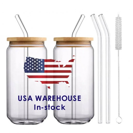 USA Warehouse Fast Shipping 16oz Clear Borosilicate Glass Cup Beer Soda Can Blank Sublimation Tumbler With Straw Bamboo Lid USA Warehouse Fast Shipping 16oz Clear Borosilicate Glass Cup Beer Soda Can Blank Sublimation Tumbler With Straw Bamboo Lid
