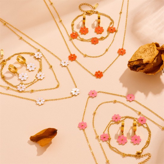 2024 stainless Steel flower Earrings Necklace bracelet stainless steel White Pink Red Daisy flower Jewelry Set for Women 2024 stainless Steel flower Earrings Necklace bracelet stainless steel White Pink Red Daisy flower Jewelry Set for Women
