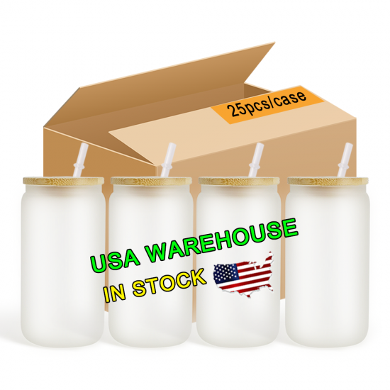 USA Warehouse wholesale 12oz16oz 20oz frosted clear sublimation blanks tumbler Beer can glass cup jars with bamboo lid and straw USA Warehouse wholesale 12oz16oz 20oz frosted clear sublimation blanks tumbler Beer can glass cup jars with bamboo lid and straw