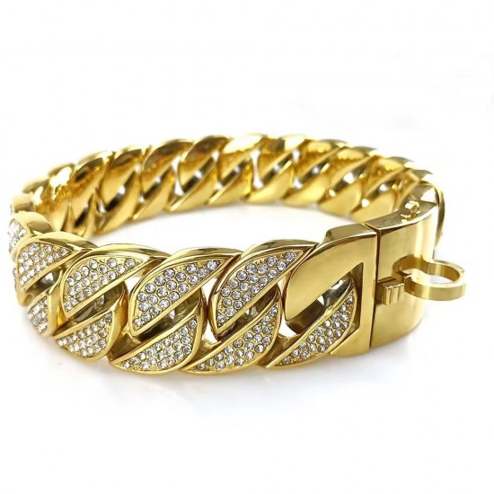43mm Rhine Stones Metal Pet Necklace Gold Dog Collar With Stainless Steel Luxurious Cuban Dog Chains 43mm Rhine Stones Metal Pet Necklace Gold Dog Collar With Stainless Steel Luxurious Cuban Dog Chains