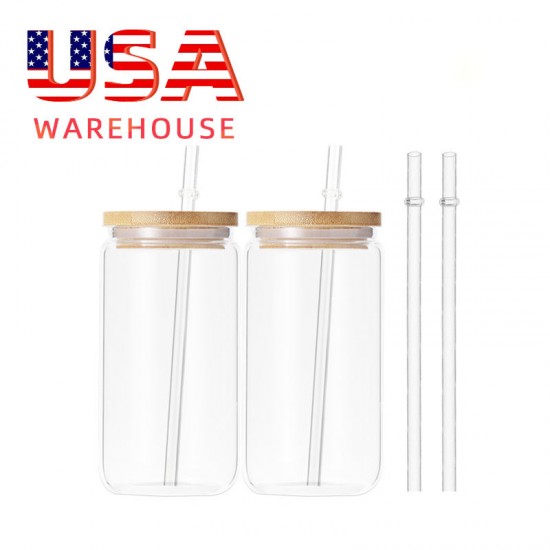US Warehouse 16oz Can Shaped Glass Tumbler Cups Drinking Glasses with Bamboo Lids and Glass Straw US Warehouse 16oz Can Shaped Glass Tumbler Cups Drinking Glasses with Bamboo Lids and Glass Straw