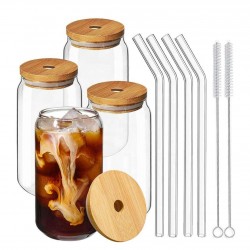 Morden Custom 16oz Whiskey, Soda, Tea, Water Beer Glasses Can Shaped Glass Straw Cup With Bamboo Lid
