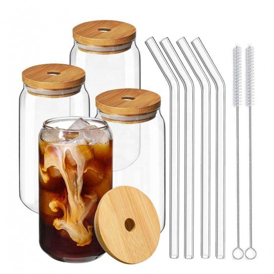 Morden Custom 16oz Whiskey, Soda, Tea, Water Beer Glasses Can Shaped Glass Straw Cup With Bamboo Lid Morden Custom 16oz Whiskey, Soda, Tea, Water Beer Glasses Can Shaped Glass Straw Cup With Bamboo Lid