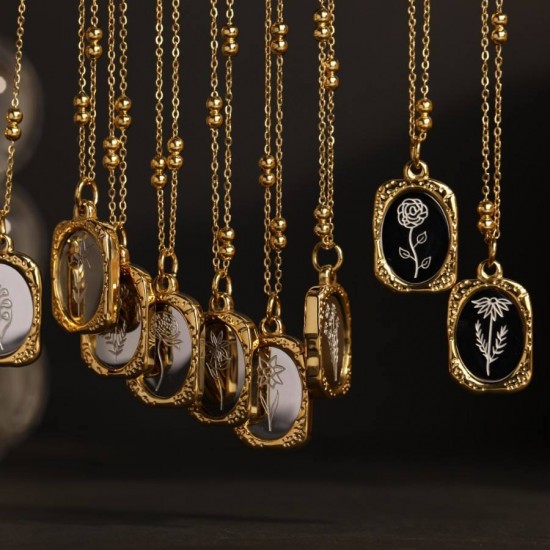 Retro French Mirror Rose December Birth Flower Necklace 18k Gold Stainless Steel Pendant Necklace For Women Vintage Necklace Retro French Mirror Rose December Birth Flower Necklace 18k Gold Stainless Steel Pendant Necklace For Women Vintage Necklace