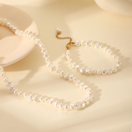 18K Gold Plated Stainless Steel Jewelry Set Dainty Pearl Bracelet Beaded Necklace Luxury Women's Girl's Wedding Gift Zircon 18K Gold Plated Stainless Steel Jewelry Set Dainty Pearl Bracelet Beaded Necklace Luxury Women's Girl's Wedding Gift Zircon