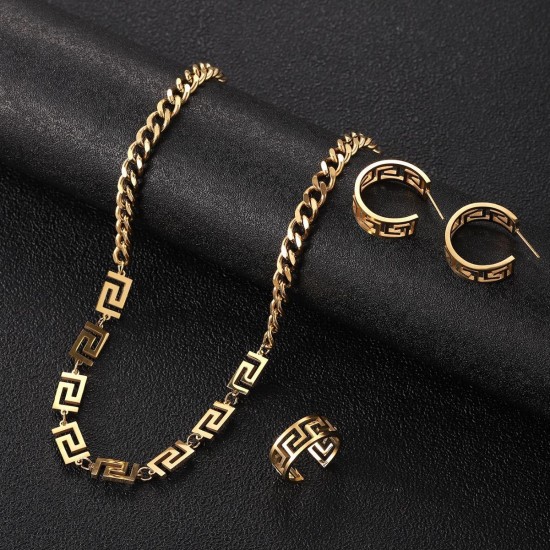 Stainless steel Great Wall pattern pendant Cuban chain 3pcs brand jewelry set women Fashion jewelry Stainless steel Great Wall pattern pendant Cuban chain 3pcs brand jewelry set women Fashion jewelry