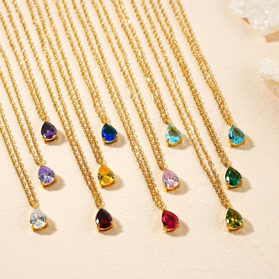 BirthStone Jewelry Gift Gold Plated Stainless Steel Zircon Water Drop Teardrop Pendant Birthstone Necklace For Women BirthStone Jewelry Gift Gold Plated Stainless Steel Zircon Water Drop Teardrop Pendant Birthstone Necklace For Women