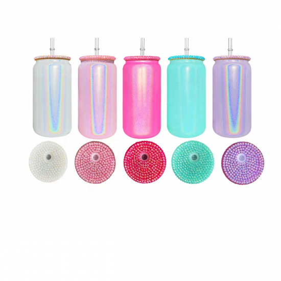 NEW Rhinestone Lids 16oz Glitter Glass Can Shimmer Sublimation Blank Soda Mason Beer Car Cups with Colorful PP Bamboo Lid NEW Rhinestone Lids 16oz Glitter Glass Can Shimmer Sublimation Blank Soda Mason Beer Car Cups with Colorful PP Bamboo Lid