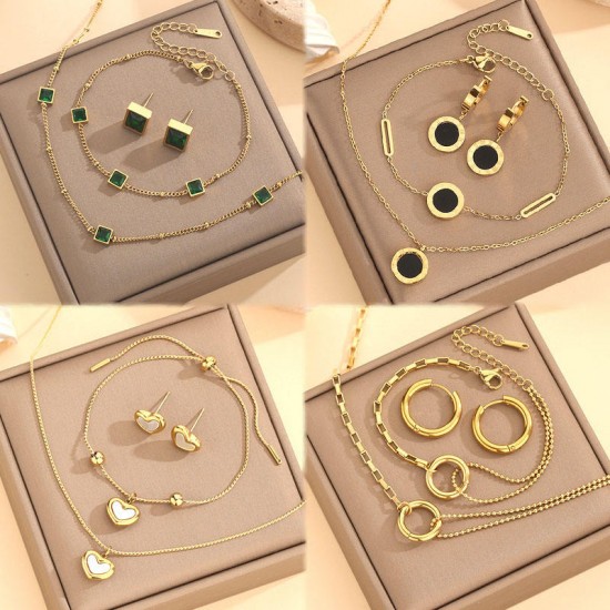 Fashion Stainless Steel 18K Gold Emerald Heart Pendant Necklace Stud Earrings Bracelet Women Vintage 3 Pcs Jewelry Set For Gifts Fashion Stainless Steel 18K Gold Emerald Heart Pendant Necklace Stud Earrings Bracelet Women Vintage 3 Pcs Jewelry Set For Gifts