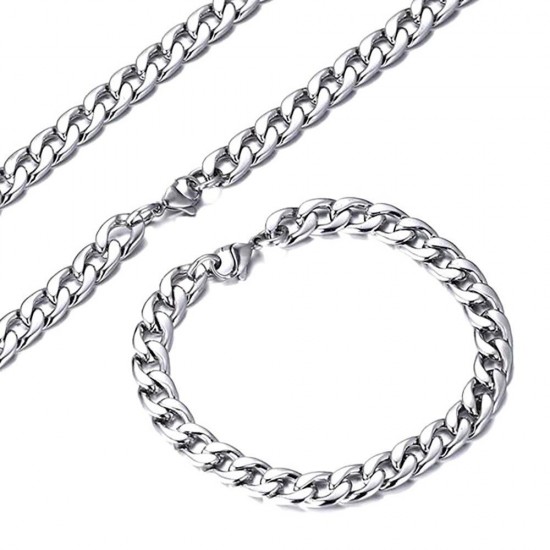 Factory hot sell no fade waterproof silver metal color hip hop stainless steel cuban link chain necklace bracelet jewelry set Factory hot sell no fade waterproof silver metal color hip hop stainless steel cuban link chain necklace bracelet jewelry set