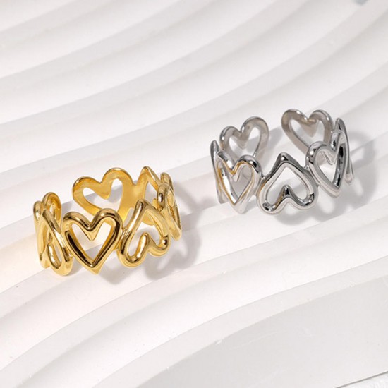 New Adjustable Heart Love Rings Hollow Out Cuff Stainless Steel Waterproof 18 K Gold Plated Ring Jewelry Gifts for Women Girls New Adjustable Heart Love Rings Hollow Out Cuff Stainless Steel Waterproof 18 K Gold Plated Ring Jewelry Gifts for Women Girls