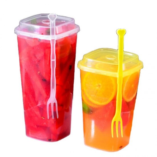 fruit salad square hard injection cup 24 32oz drink custom boba bubble juice tea disposable plastic cup with lid and fork fruit salad square hard injection cup 24 32oz drink custom boba bubble juice tea disposable plastic cup with lid and fork