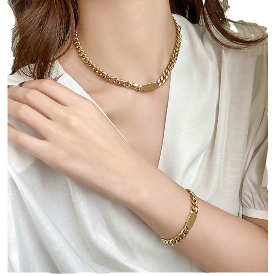 New Stainless Steel 18k Gold Plated Tarnish Free Cuban Link Chain Jewelry Set Necklace Bracelet Set For Women New Stainless Steel 18k Gold Plated Tarnish Free Cuban Link Chain Jewelry Set Necklace Bracelet Set For Women